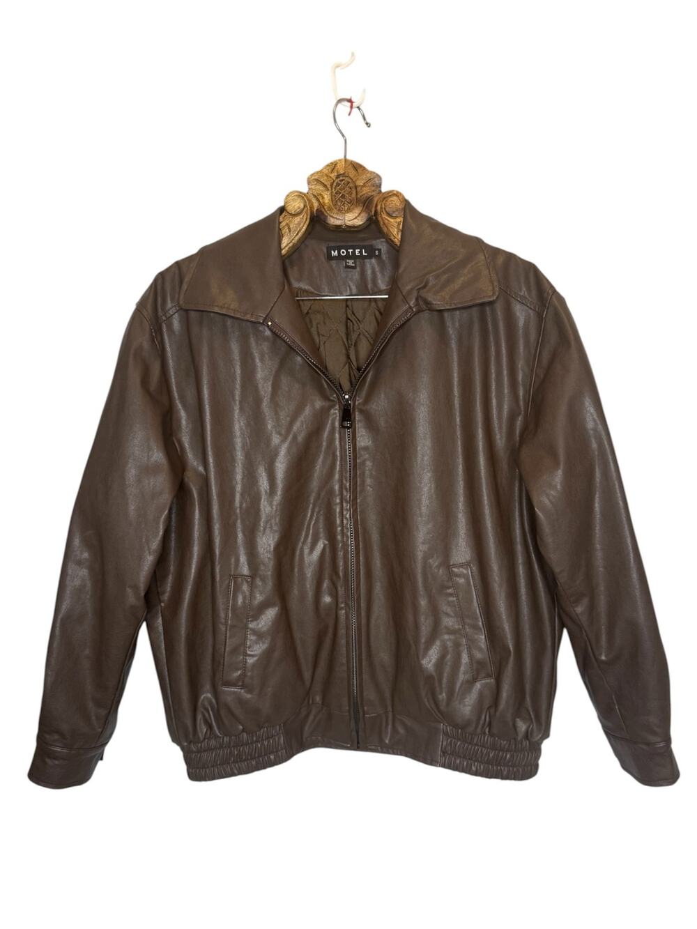 Motel Rocks Cavita Faux Leather Bomber Jacket Brown Oversized Zip Up Small